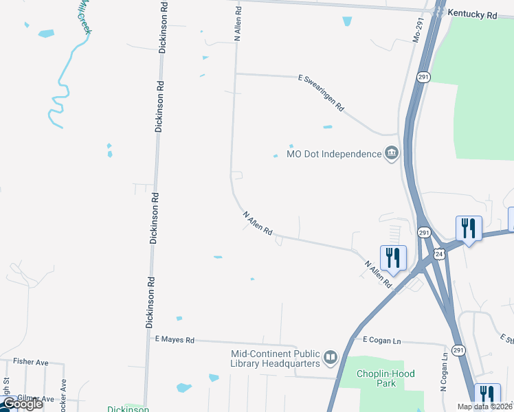map of restaurants, bars, coffee shops, grocery stores, and more near 815 North Allen Road in Independence
