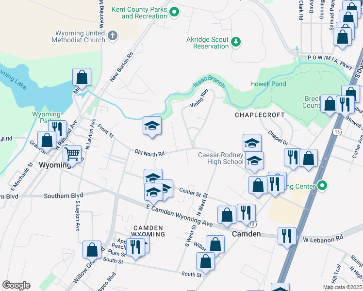 map of restaurants, bars, coffee shops, grocery stores, and more near 175 Vining Run in Camden