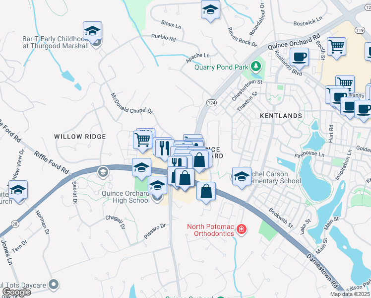 map of restaurants, bars, coffee shops, grocery stores, and more near 12101 McDonald Chapel Drive in Gaithersburg