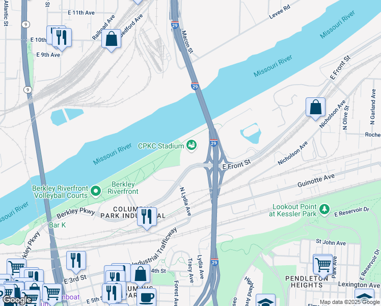 map of restaurants, bars, coffee shops, grocery stores, and more near 1460 East Front Street in Kansas City