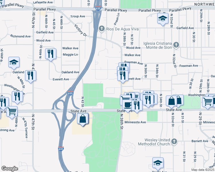 map of restaurants, bars, coffee shops, grocery stores, and more near 4009 Everett Avenue in Kansas City