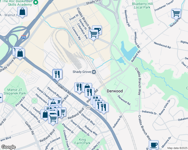 map of restaurants, bars, coffee shops, grocery stores, and more near Redland Road in Derwood