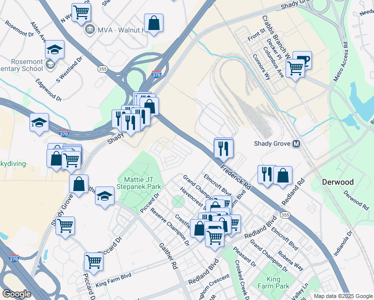 map of restaurants, bars, coffee shops, grocery stores, and more near 2023 Henson Norris Street in Rockville