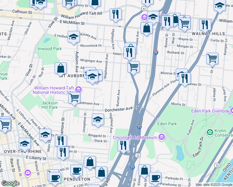 map of restaurants, bars, coffee shops, grocery stores, and more near 2124 Burnet Avenue in Cincinnati