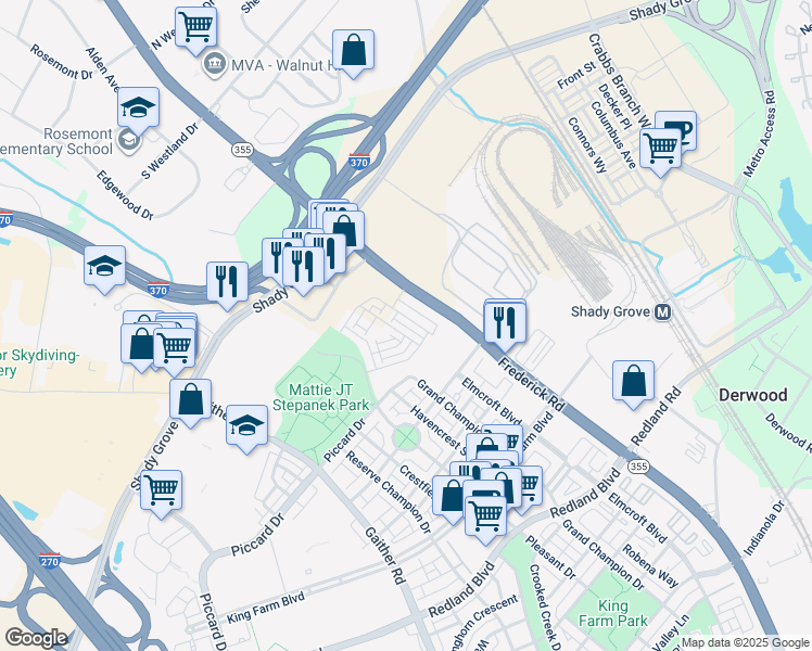 map of restaurants, bars, coffee shops, grocery stores, and more near 2046 Henson Norris Street in Rockville