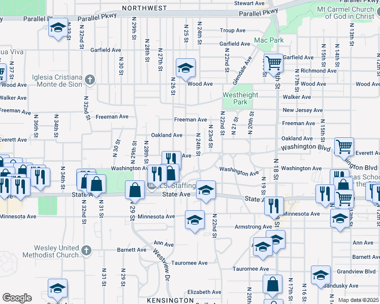 map of restaurants, bars, coffee shops, grocery stores, and more near 1408 North 24th Street in Kansas City
