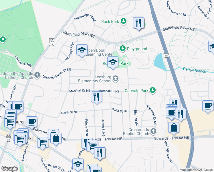 map of restaurants, bars, coffee shops, grocery stores, and more near 351 Barnfield Square Northeast in Leesburg
