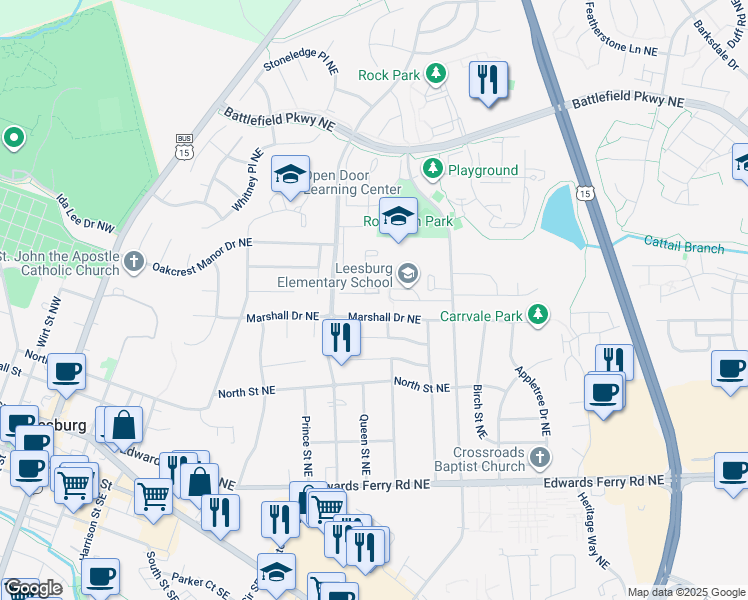 map of restaurants, bars, coffee shops, grocery stores, and more near 347 Barnfield Square Northeast in Leesburg