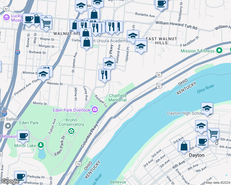 map of restaurants, bars, coffee shops, grocery stores, and more near 2019 Edgecliff Point in Cincinnati
