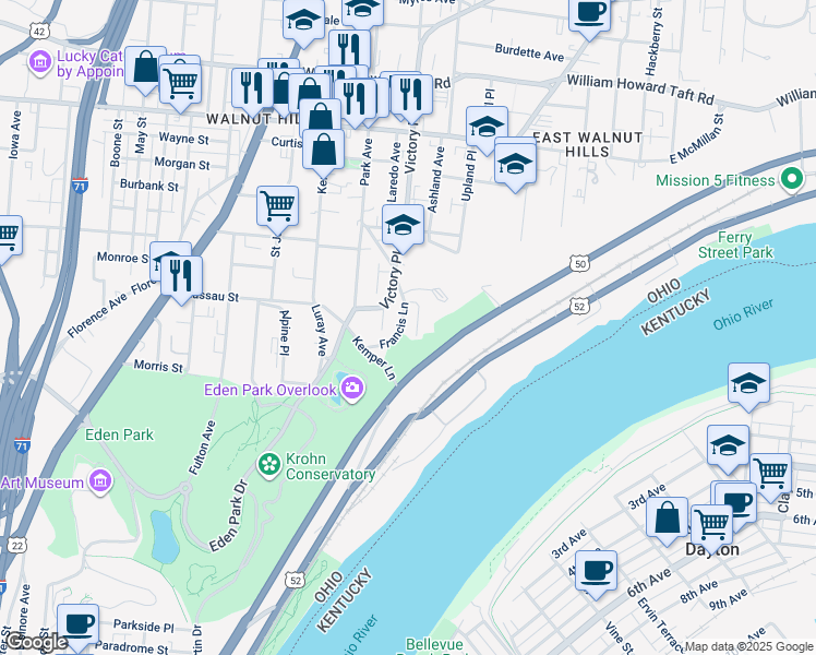 map of restaurants, bars, coffee shops, grocery stores, and more near 2019 Edgecliff Point in Cincinnati