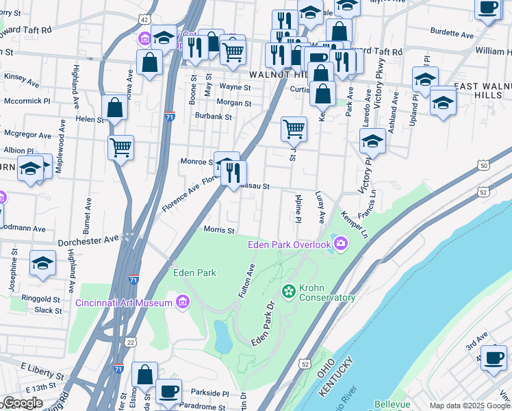 map of restaurants, bars, coffee shops, grocery stores, and more near 2151 Fulton Avenue in Cincinnati