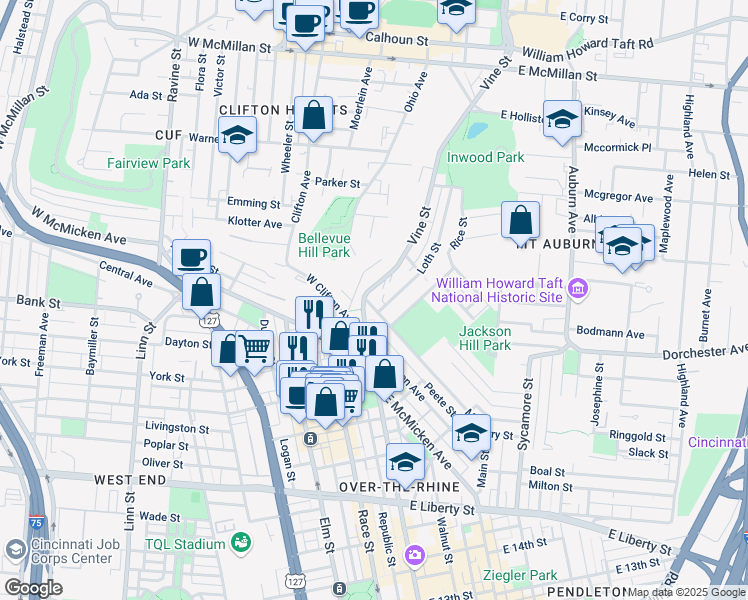 map of restaurants, bars, coffee shops, grocery stores, and more near 2105 Vine Street in Cincinnati
