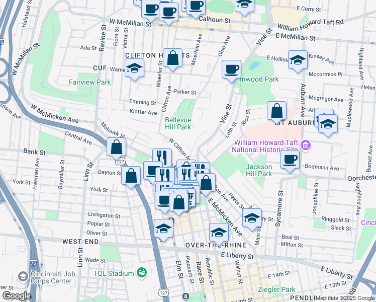 map of restaurants, bars, coffee shops, grocery stores, and more near 2203 Ohio Avenue in Cincinnati