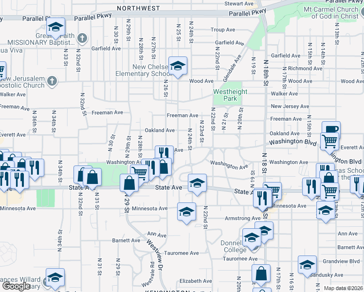 map of restaurants, bars, coffee shops, grocery stores, and more near 1408 North 24th Street in Kansas City