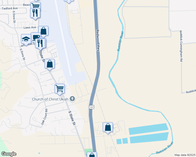 map of restaurants, bars, coffee shops, grocery stores, and more near Redwood Highway in Ukiah