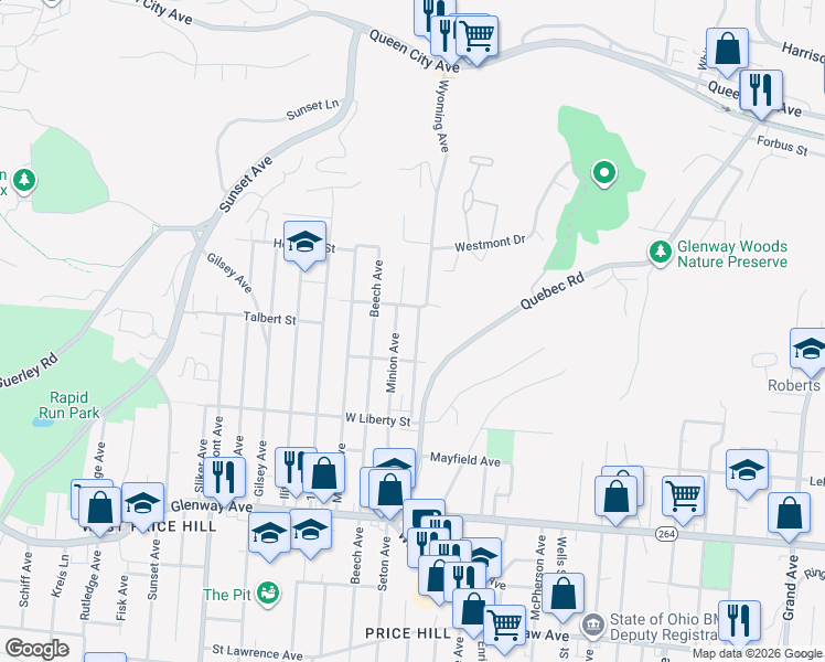 map of restaurants, bars, coffee shops, grocery stores, and more near 1734 Wyoming Avenue in Cincinnati