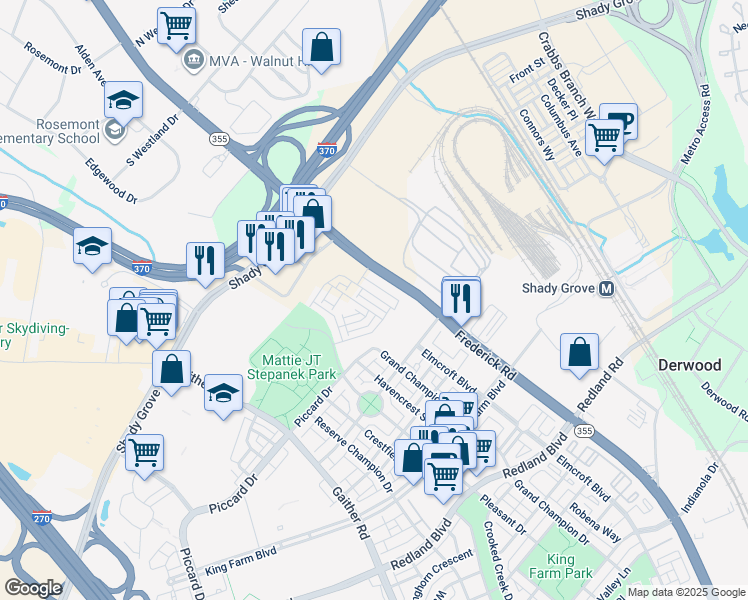 map of restaurants, bars, coffee shops, grocery stores, and more near 2046 Henson Norris Street in Rockville
