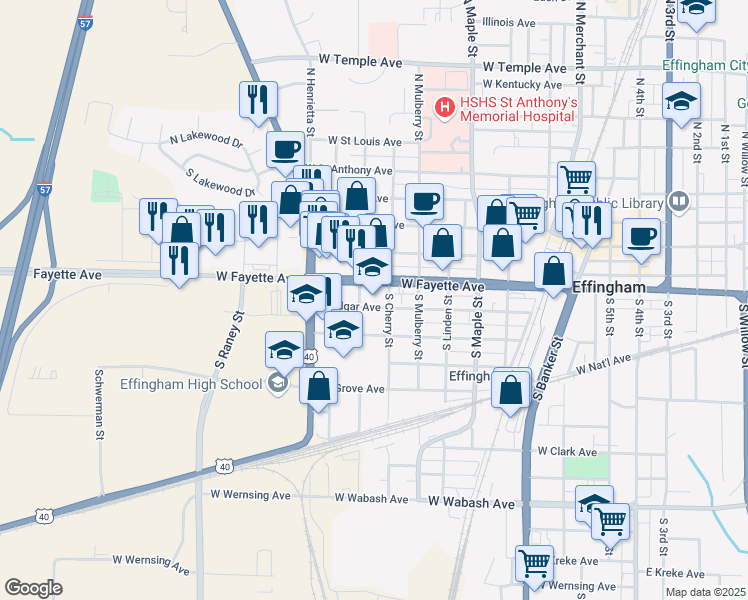 map of restaurants, bars, coffee shops, grocery stores, and more near 900 West Edgar Avenue in Effingham