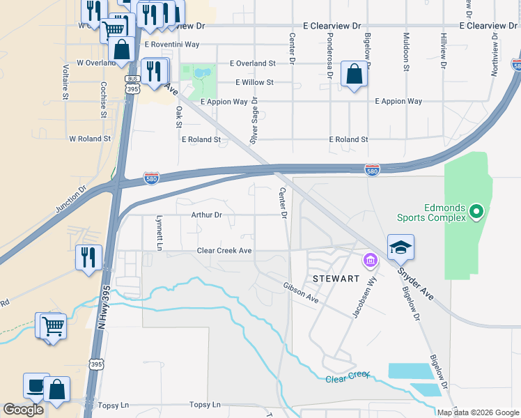 map of restaurants, bars, coffee shops, grocery stores, and more near 5229 Silver Sage Drive in Carson City