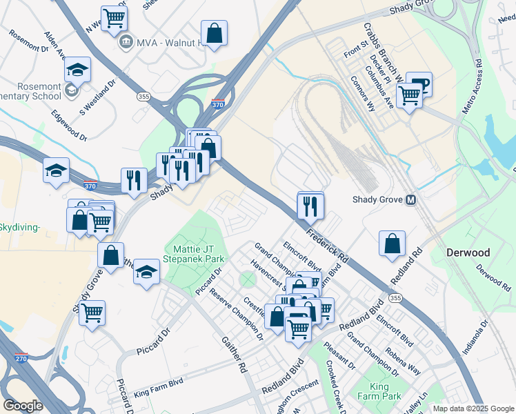 map of restaurants, bars, coffee shops, grocery stores, and more near 2023 Henson Norris Street in Rockville