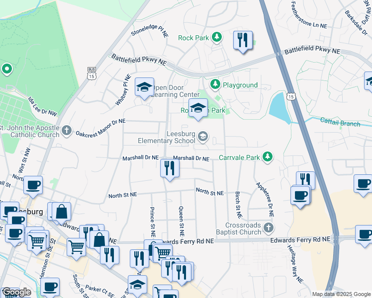 map of restaurants, bars, coffee shops, grocery stores, and more near 347 Barnfield Square Northeast in Leesburg