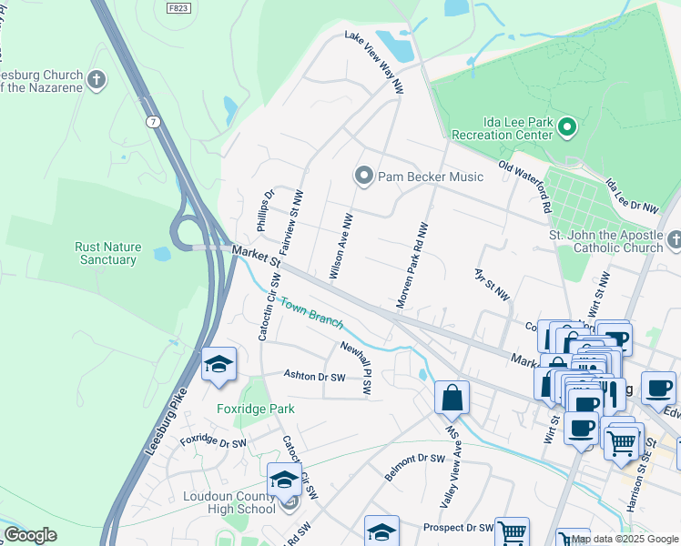 map of restaurants, bars, coffee shops, grocery stores, and more near 8 Wilson Avenue Northwest in Leesburg