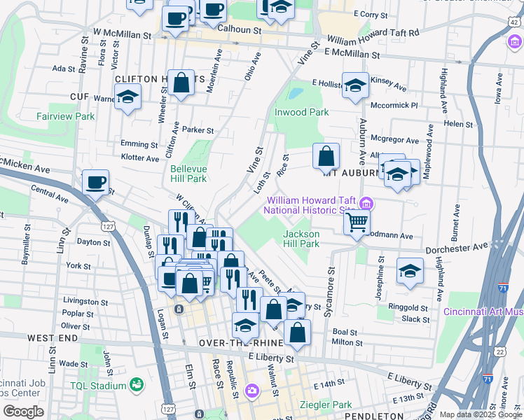map of restaurants, bars, coffee shops, grocery stores, and more near 2148 Rice Street in Cincinnati