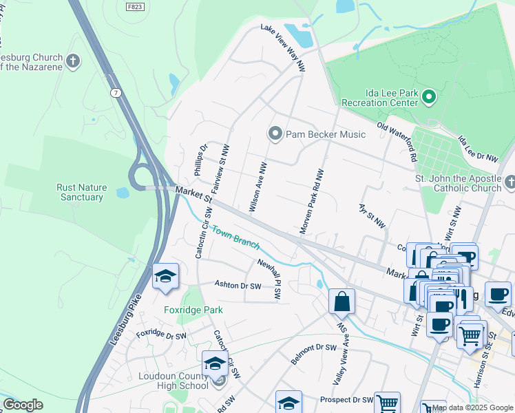 map of restaurants, bars, coffee shops, grocery stores, and more near 8 Wilson Avenue Northwest in Leesburg