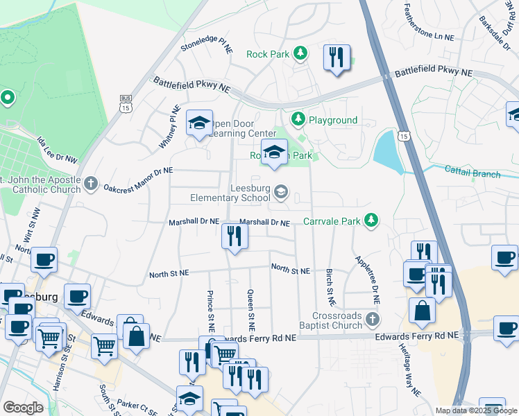 map of restaurants, bars, coffee shops, grocery stores, and more near 351 Barnfield Square Northeast in Leesburg