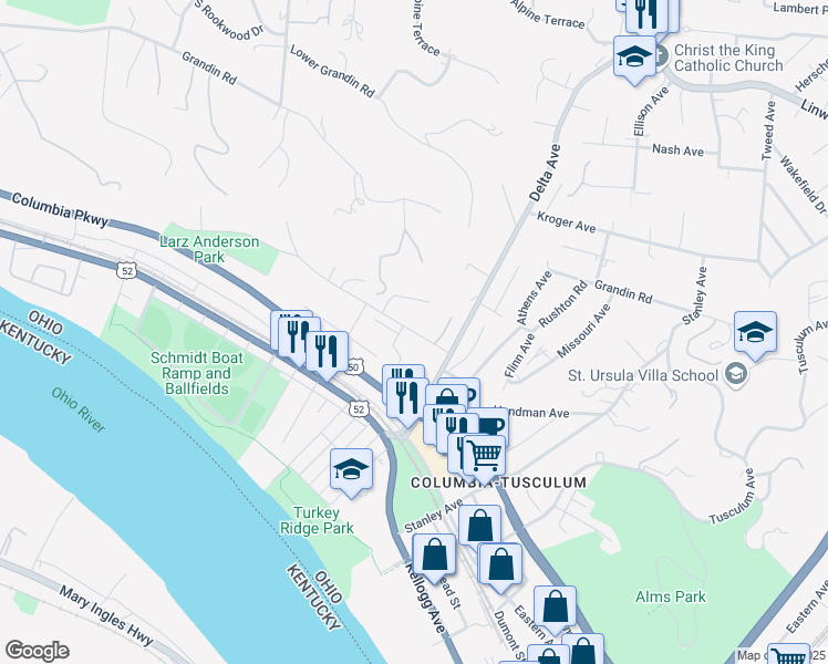 map of restaurants, bars, coffee shops, grocery stores, and more near 3424 Golden Avenue in Cincinnati