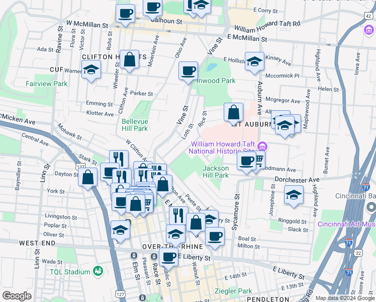 map of restaurants, bars, coffee shops, grocery stores, and more near 2157 Rice Street in Cincinnati