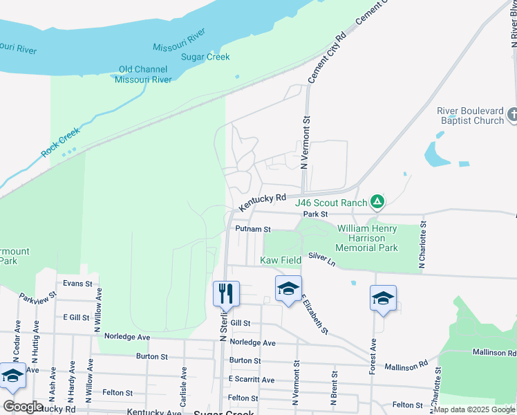 map of restaurants, bars, coffee shops, grocery stores, and more near 1315 North Sterling Avenue in Sugar Creek