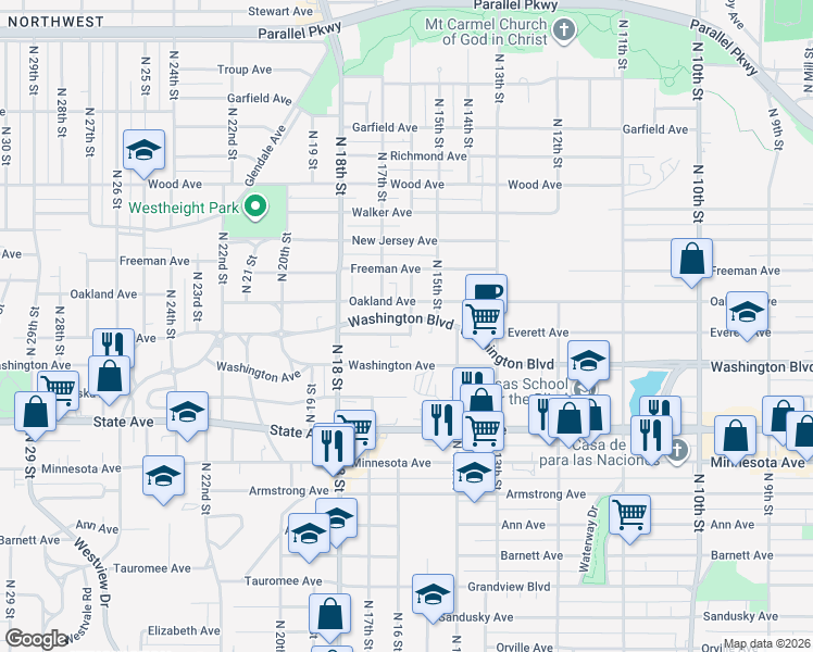 map of restaurants, bars, coffee shops, grocery stores, and more near 1605 Washington Boulevard in Kansas City