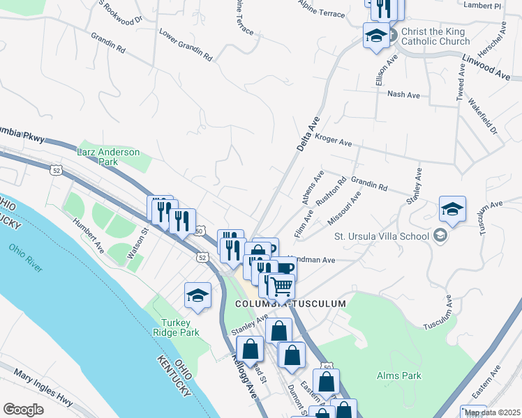 map of restaurants, bars, coffee shops, grocery stores, and more near 517 Delta Avenue in Cincinnati