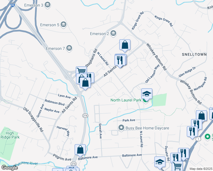 map of restaurants, bars, coffee shops, grocery stores, and more near 9635 Barrel House Road in Laurel
