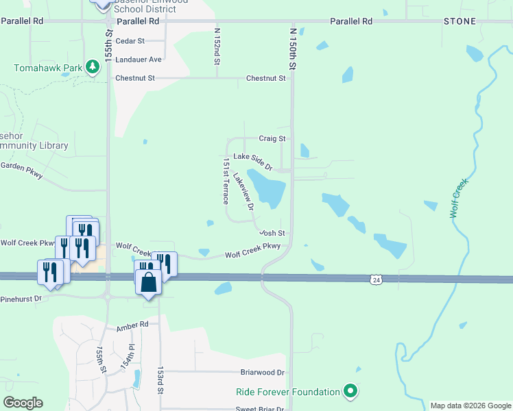map of restaurants, bars, coffee shops, grocery stores, and more near 15019 Lakeview Drive in Basehor