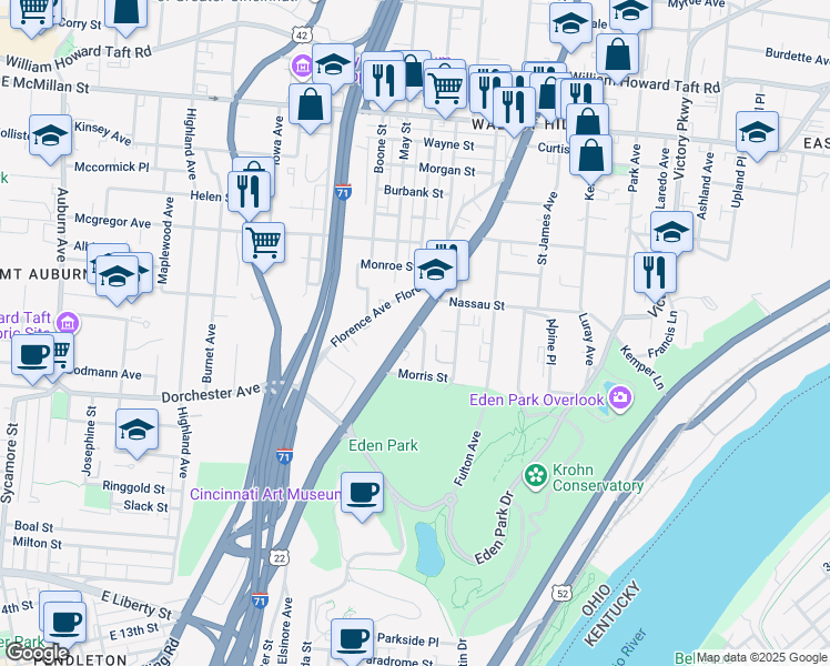 map of restaurants, bars, coffee shops, grocery stores, and more near 2159 Gilbert Avenue in Cincinnati