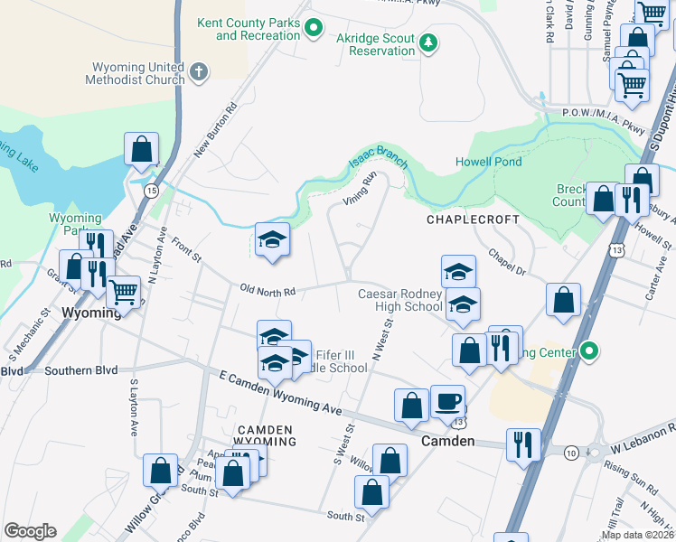 map of restaurants, bars, coffee shops, grocery stores, and more near 175 Vining Run in Camden