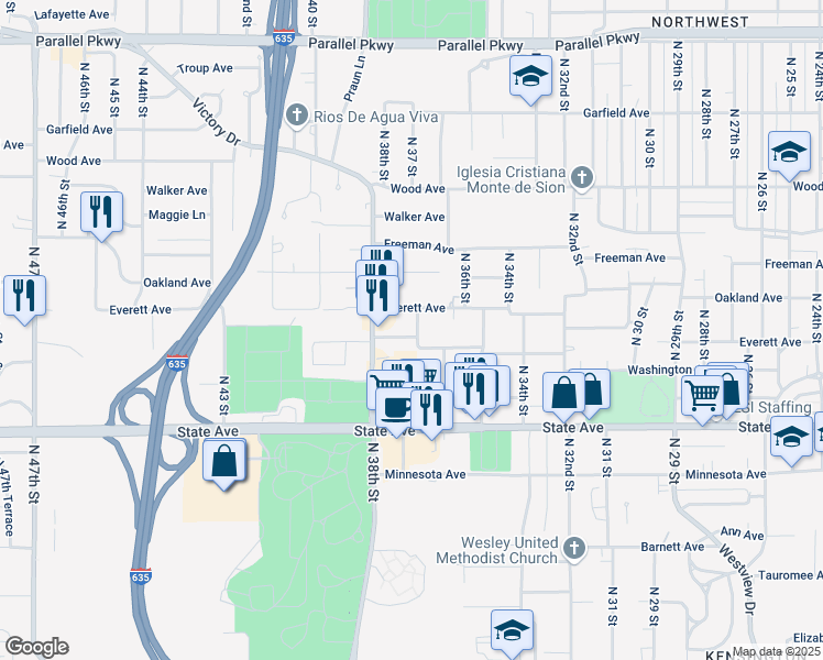 map of restaurants, bars, coffee shops, grocery stores, and more near 3721 Everett Avenue in Kansas City