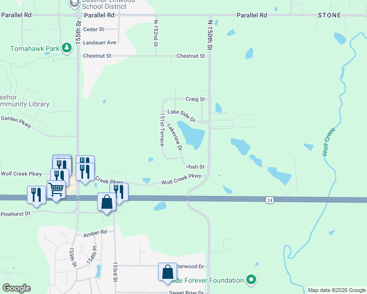 map of restaurants, bars, coffee shops, grocery stores, and more near 15019 Lakeview Drive in Basehor