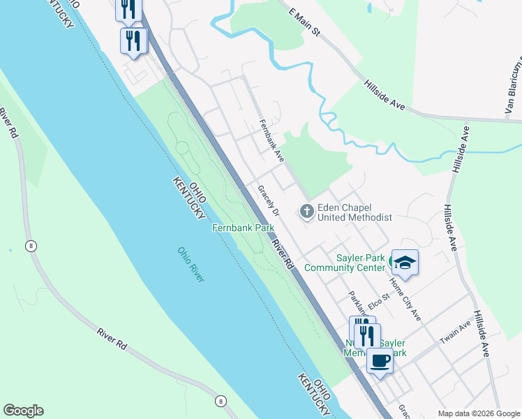 map of restaurants, bars, coffee shops, grocery stores, and more near 7027 Gracely Drive in Cincinnati