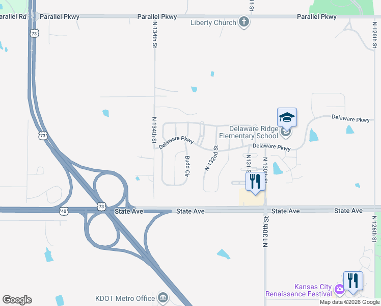 map of restaurants, bars, coffee shops, grocery stores, and more near 1311 Budd Circle in Kansas City