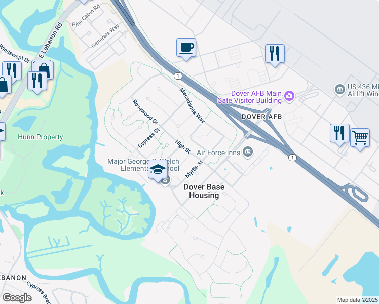 map of restaurants, bars, coffee shops, grocery stores, and more near 3142 High Street in Dover