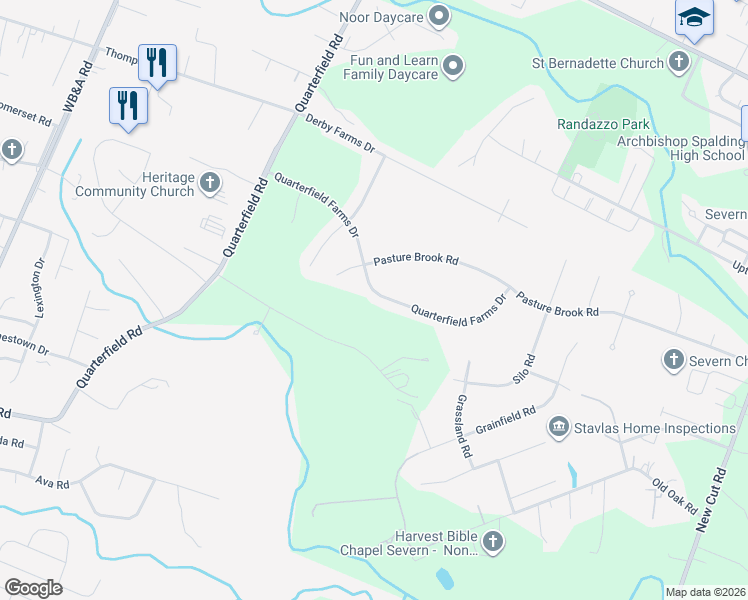 map of restaurants, bars, coffee shops, grocery stores, and more near 8141 Quarterfield Farms Drive in Severn