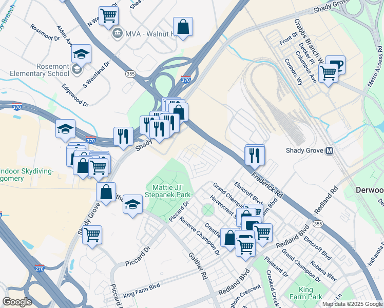 map of restaurants, bars, coffee shops, grocery stores, and more near 3114 Nina Clarke Drive in Rockville