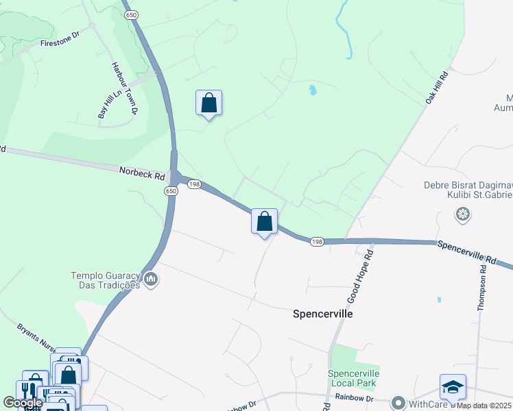 map of restaurants, bars, coffee shops, grocery stores, and more near 1312 Spencerville Road in Spencerville