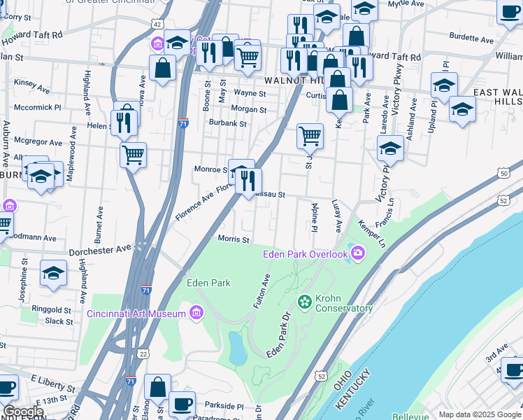 map of restaurants, bars, coffee shops, grocery stores, and more near 2149 Sinton Avenue in Cincinnati