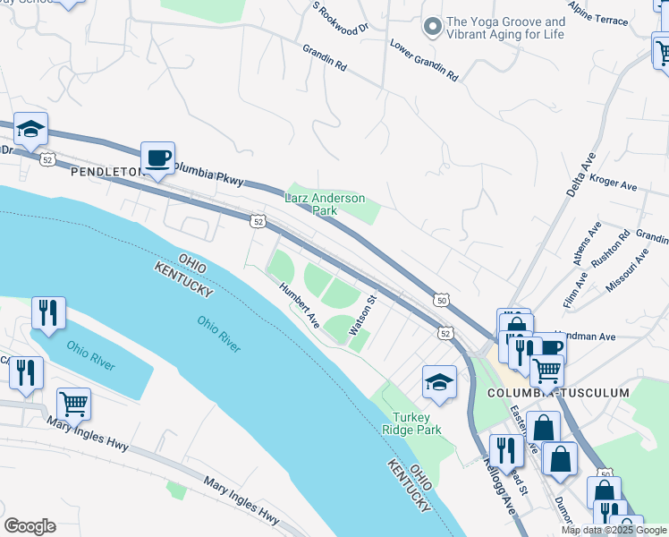map of restaurants, bars, coffee shops, grocery stores, and more near 3047 Riverside Drive in Cincinnati