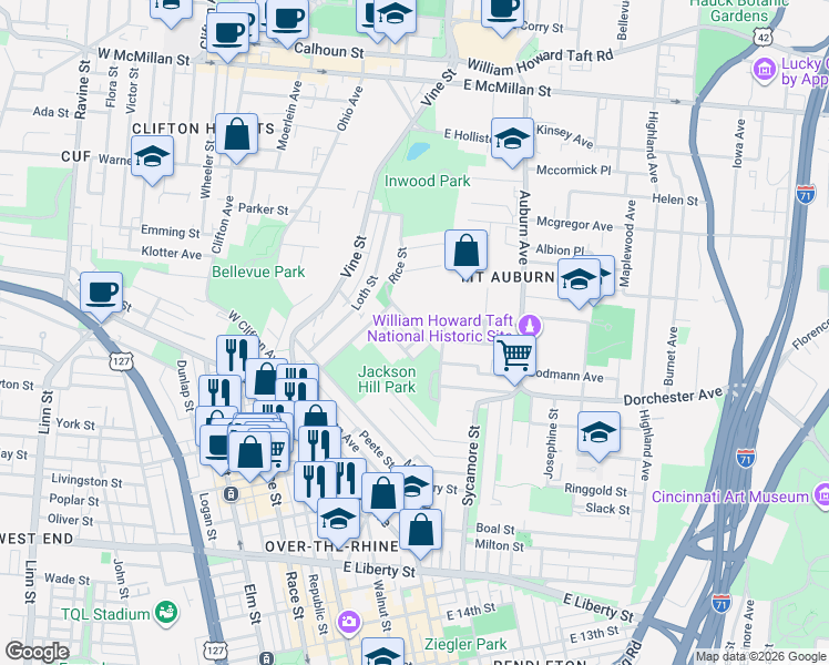 map of restaurants, bars, coffee shops, grocery stores, and more near 123 Gage Street in Cincinnati