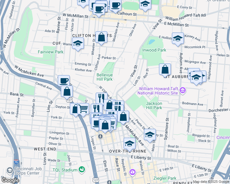 map of restaurants, bars, coffee shops, grocery stores, and more near 2105 Vine Street in Cincinnati